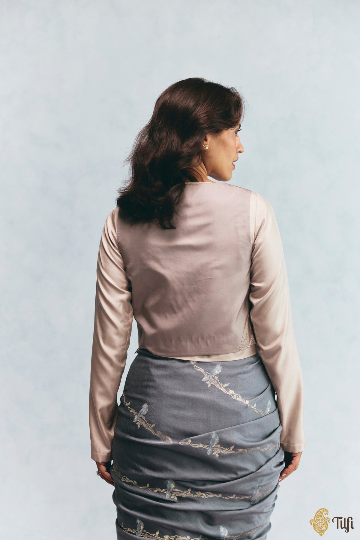 Grey Silk Twill Hand Embroidered Jacket with Beige Full Sleeve Blouse