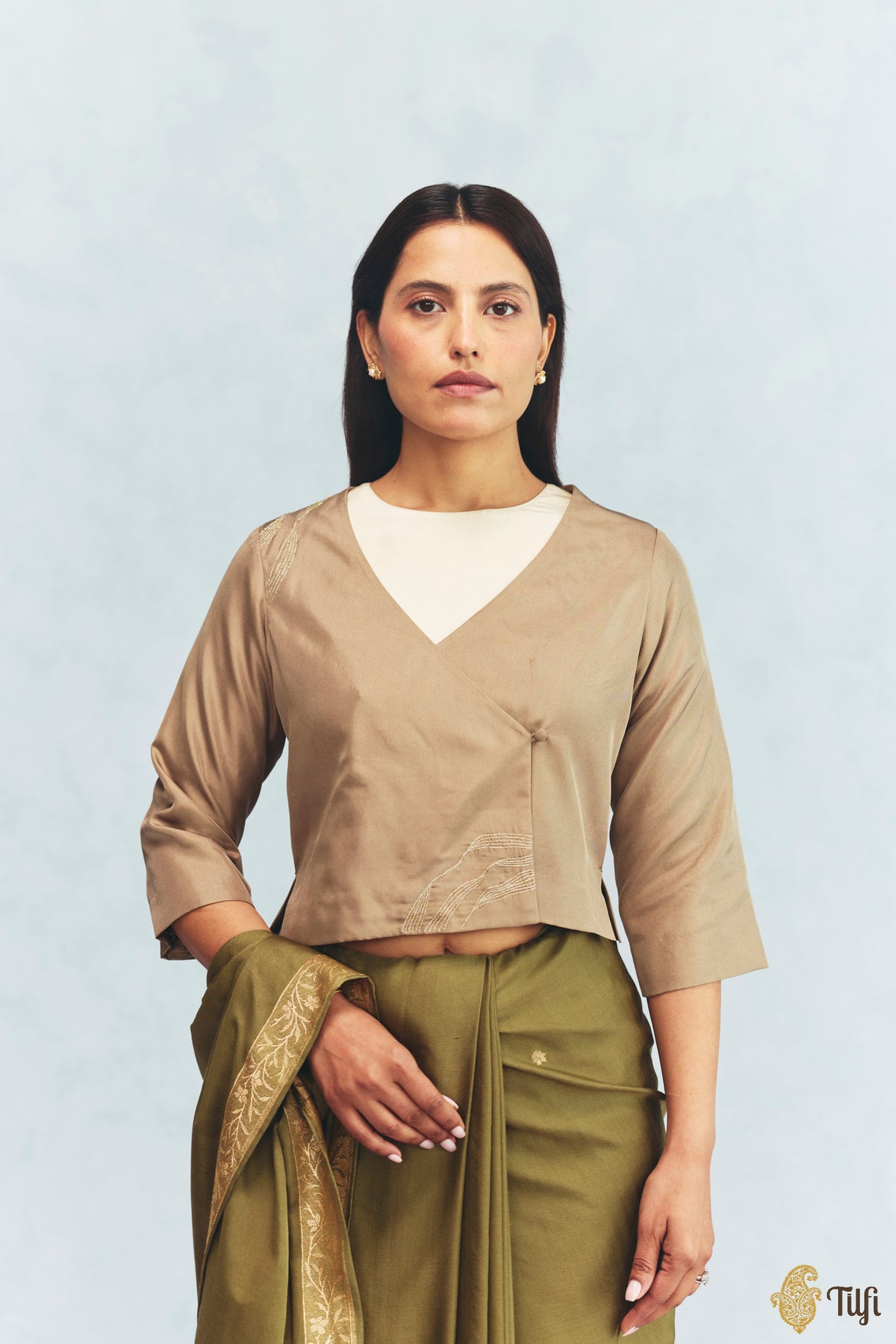 Olive Brown Silk Twill Hand Embroidered Jacket with Off-White Sleeveless Blouse