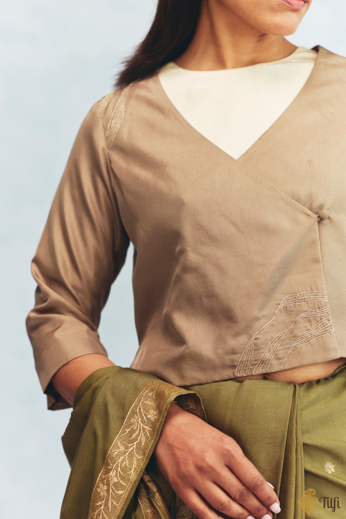 Olive Brown Silk Twill Hand Embroidered Jacket with Off-White Sleeveless Blouse