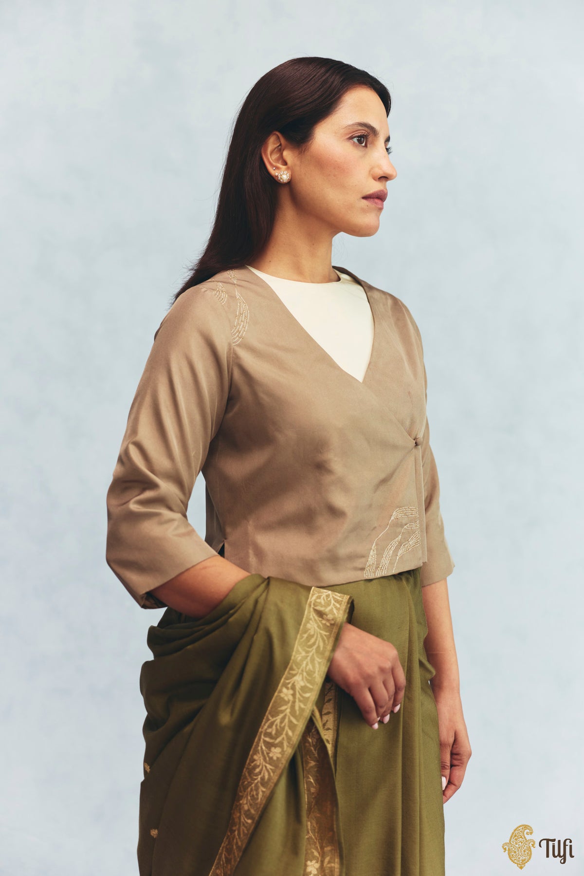 Olive Brown Silk Twill Hand Embroidered Jacket with Off-White Sleeveless Blouse