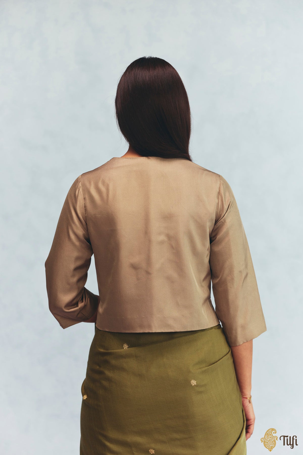 Olive Brown Silk Twill Hand Embroidered Jacket with Off-White Sleeveless Blouse