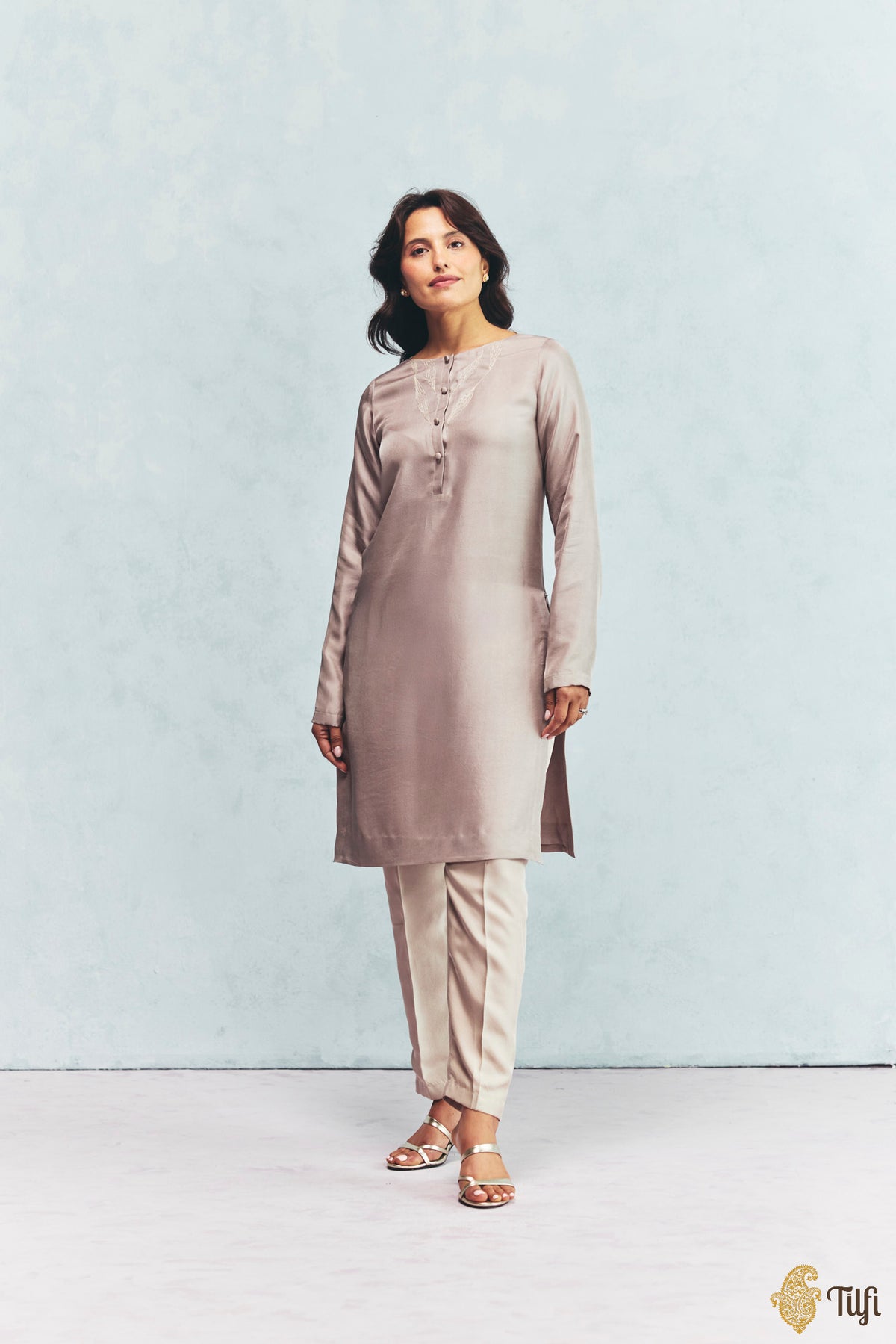 Beige Silk Twill Overlay with Grey Hand Embroidered Kurta Set