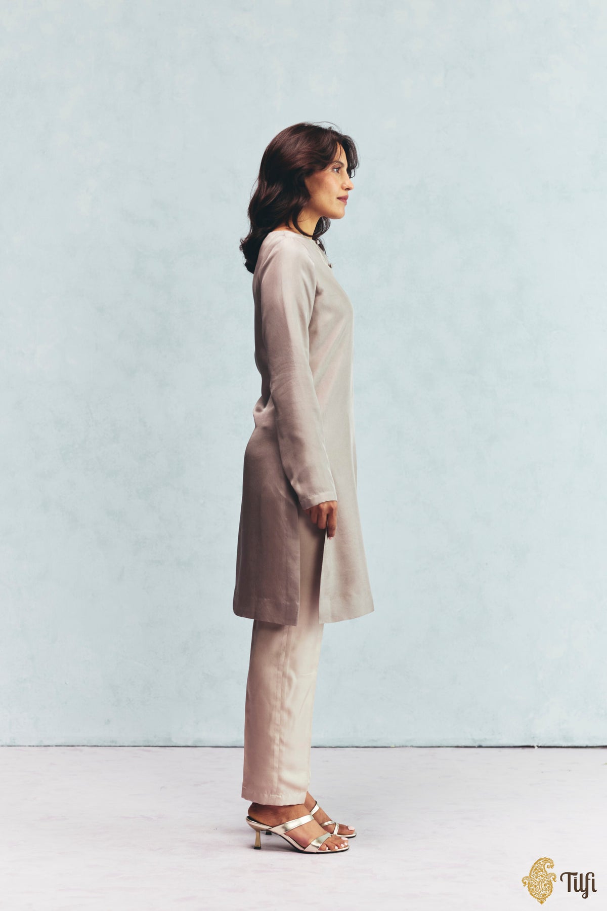 Beige Silk Twill Overlay with Grey Hand Embroidered Kurta Set