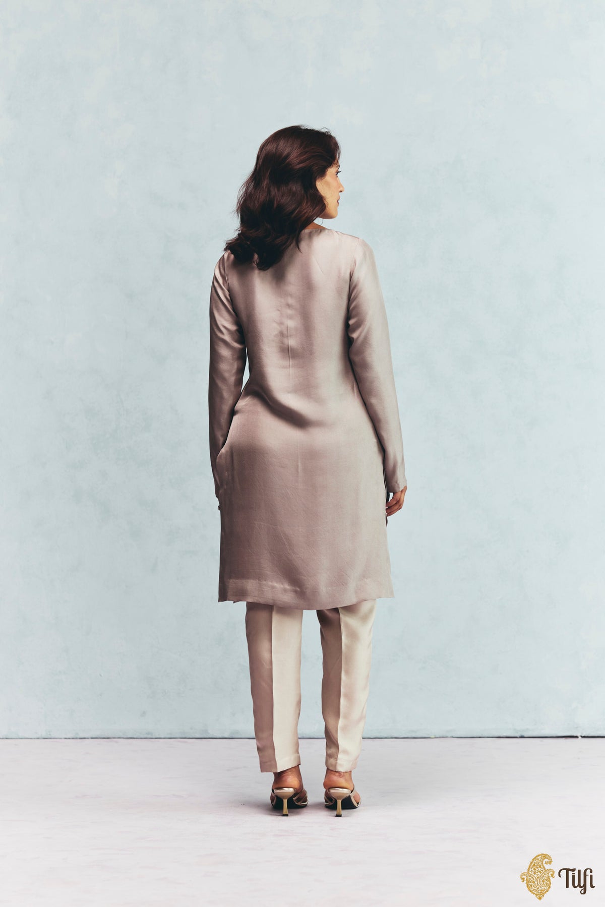 Beige Silk Twill Overlay with Grey Hand Embroidered Kurta Set