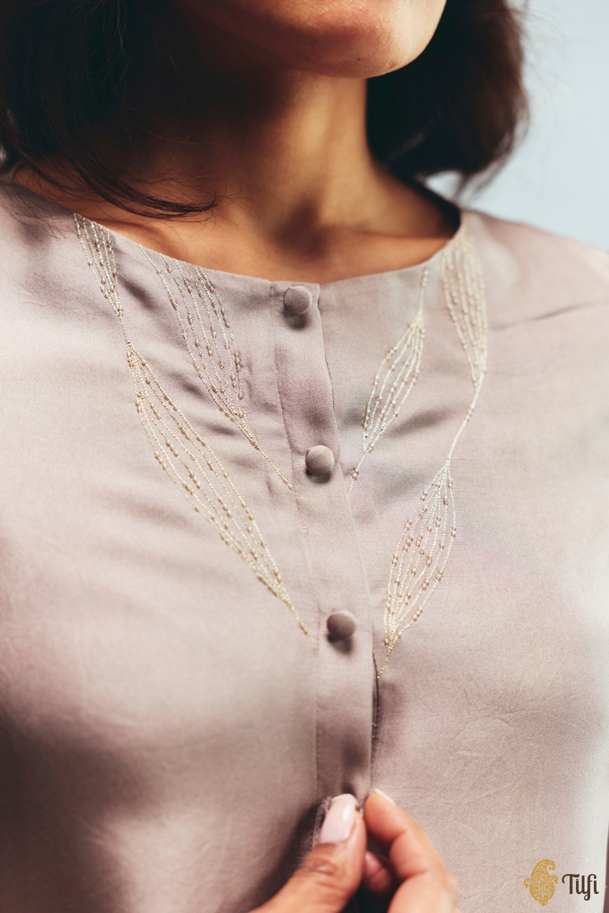 Beige Silk Twill Overlay with Grey Hand Embroidered Kurta Set