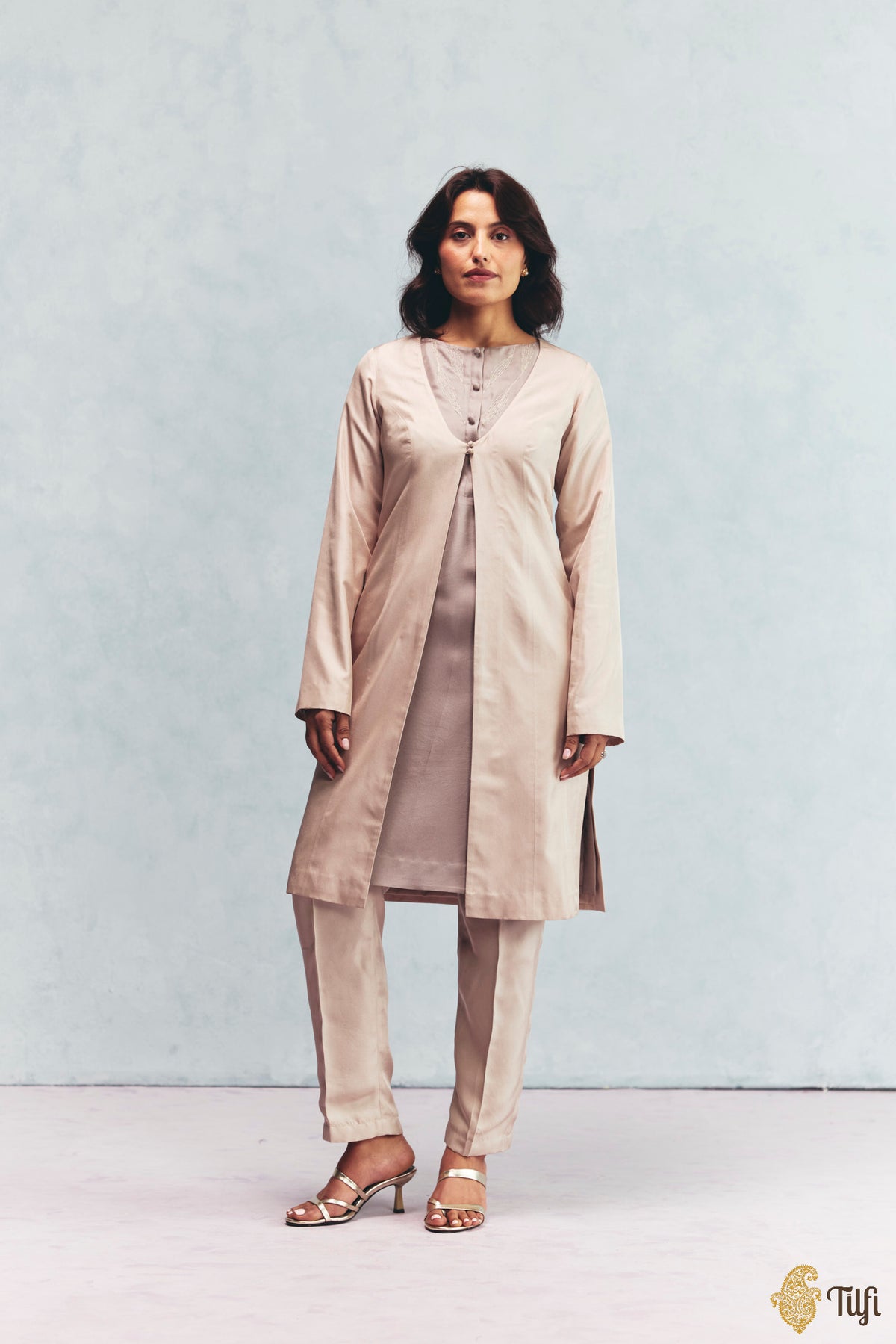 Beige Silk Twill Overlay with Grey Hand Embroidered Kurta Set