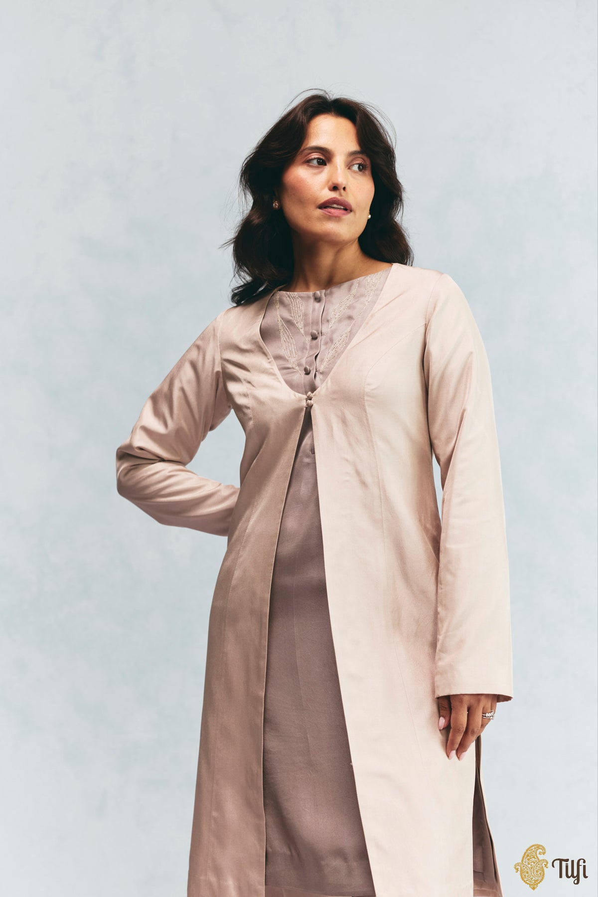 Beige Silk Twill Overlay with Grey Hand Embroidered Kurta Set