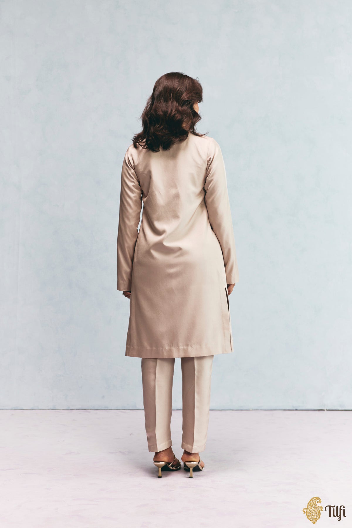 Beige Silk Twill Overlay with Grey Hand Embroidered Kurta Set