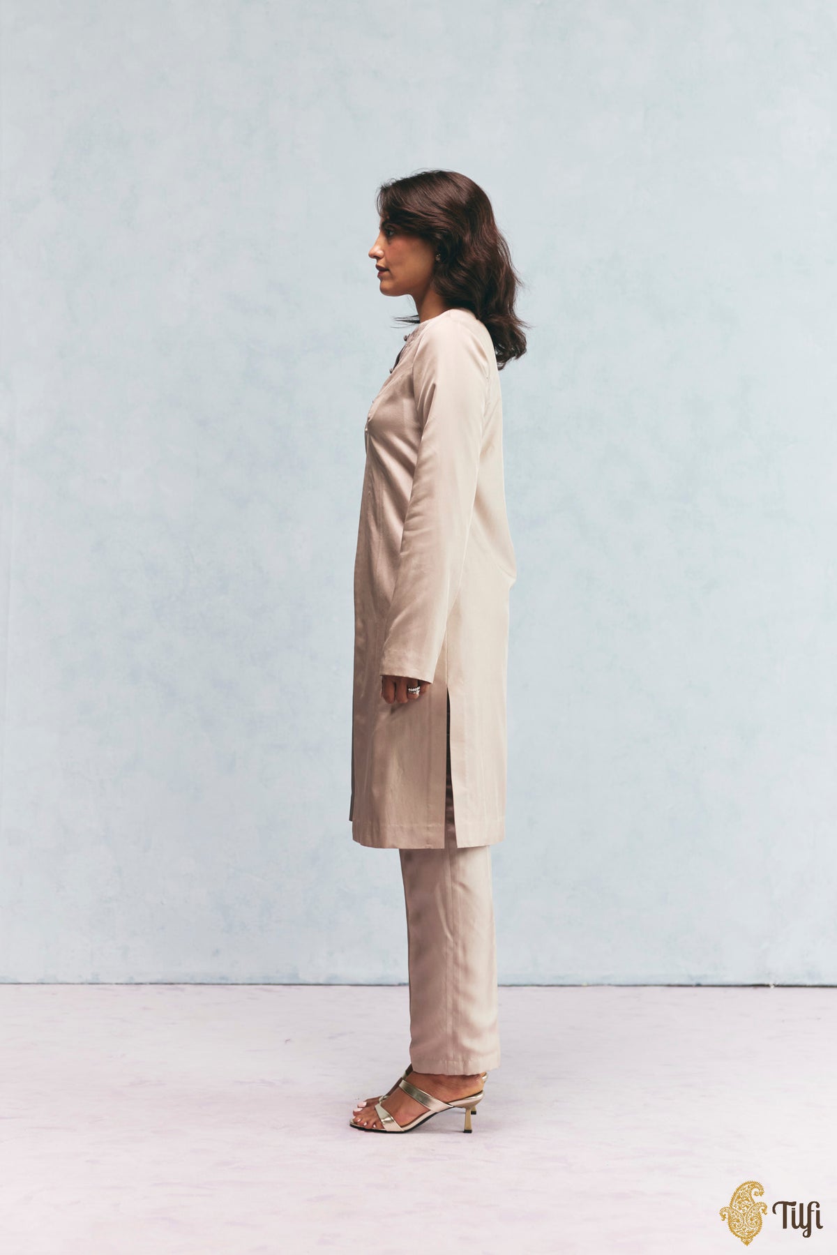 Beige Silk Twill Overlay with Grey Hand Embroidered Kurta Set