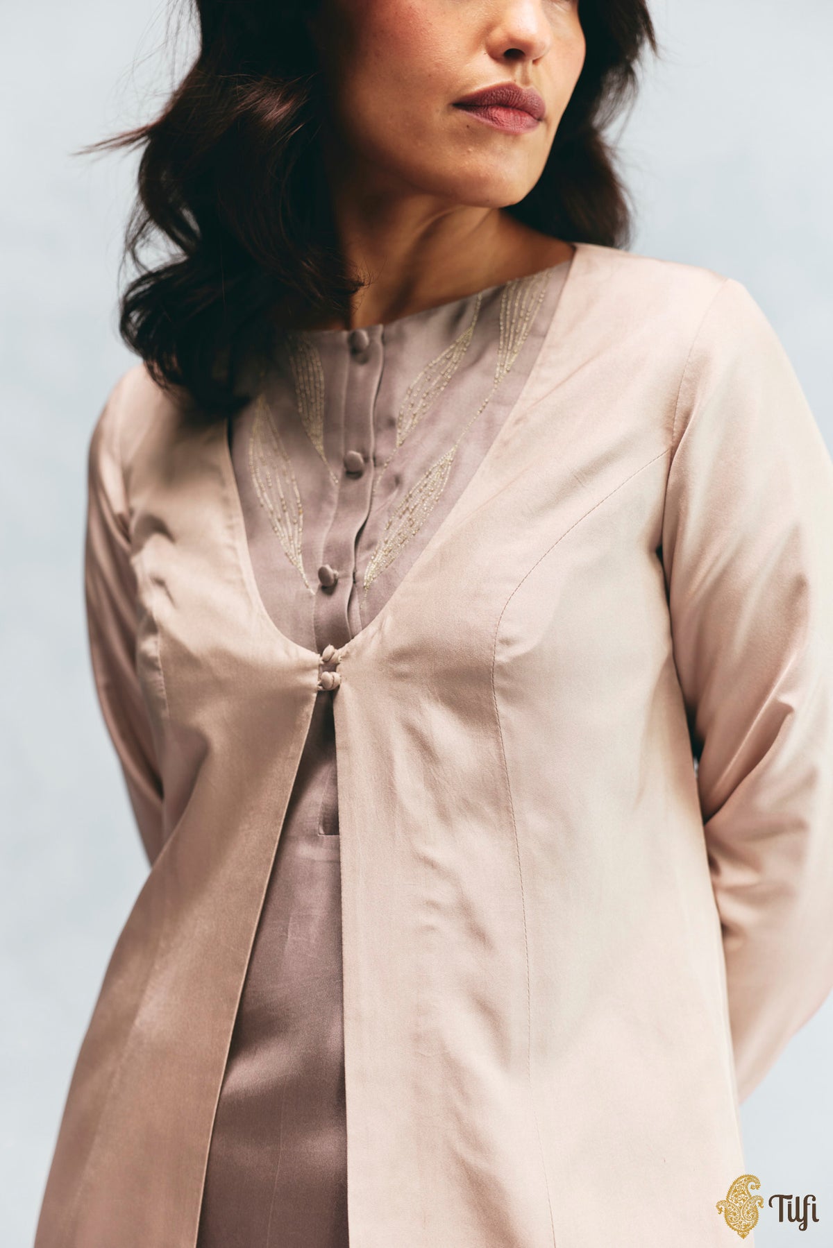 Beige Silk Twill Overlay with Grey Hand Embroidered Kurta Set