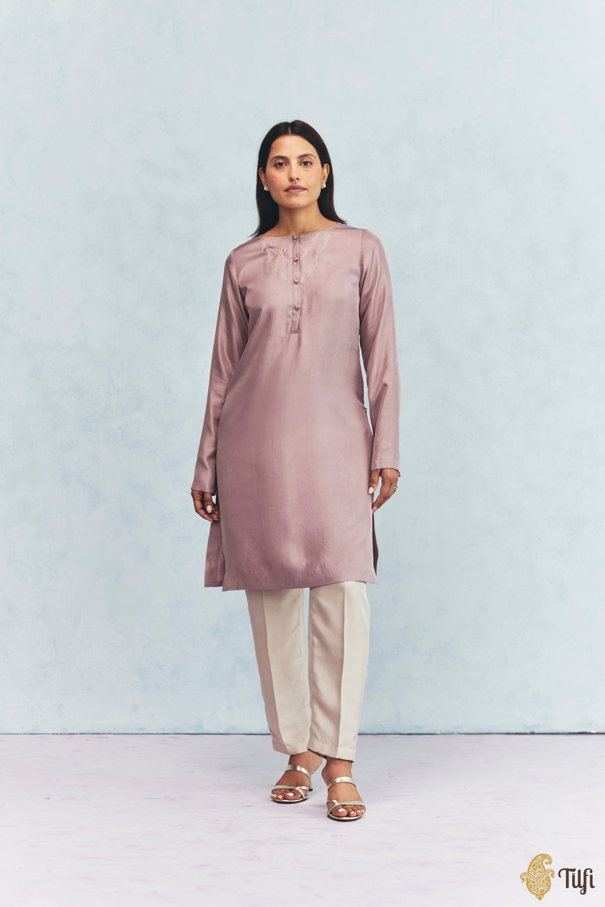 Beige Silk Twill Overlay with Mauve Hand Embroidered Kurta Set