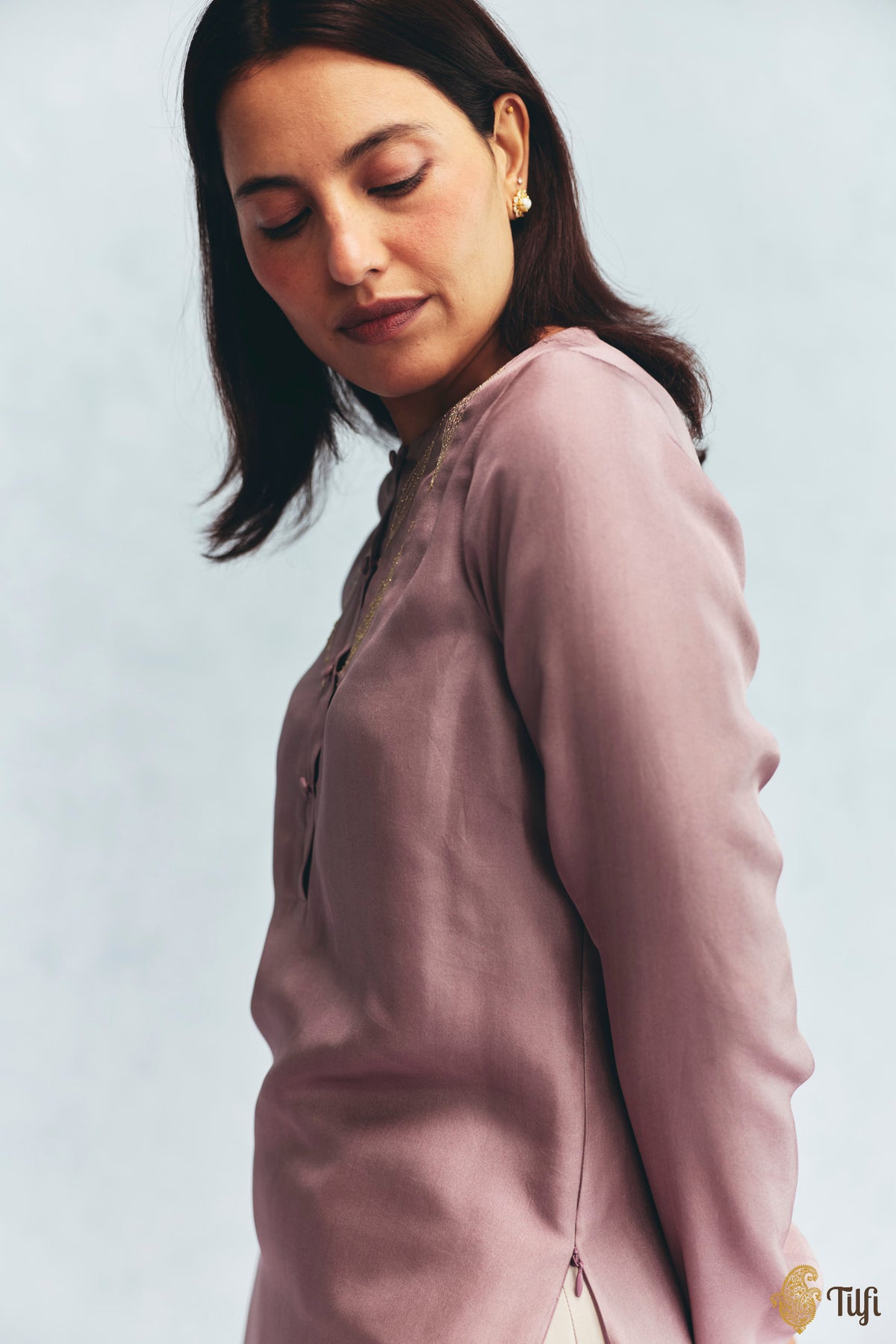 Beige Silk Twill Overlay with Mauve Hand Embroidered Kurta Set