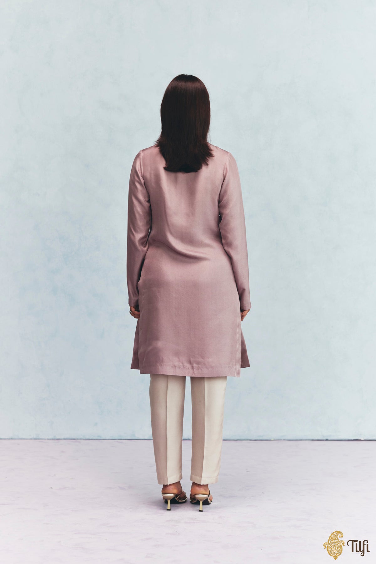 Beige Silk Twill Overlay with Mauve Hand Embroidered Kurta Set