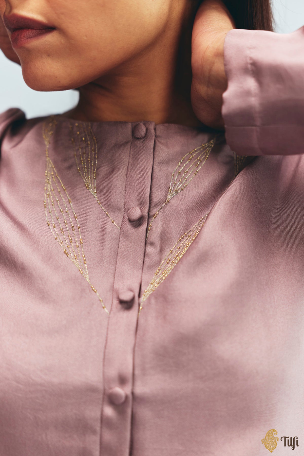 Beige Silk Twill Overlay with Mauve Hand Embroidered Kurta Set