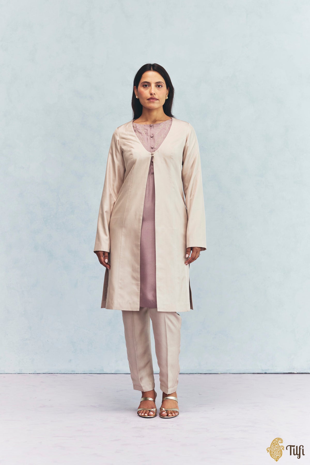 Beige Silk Twill Overlay with Mauve Hand Embroidered Kurta Set