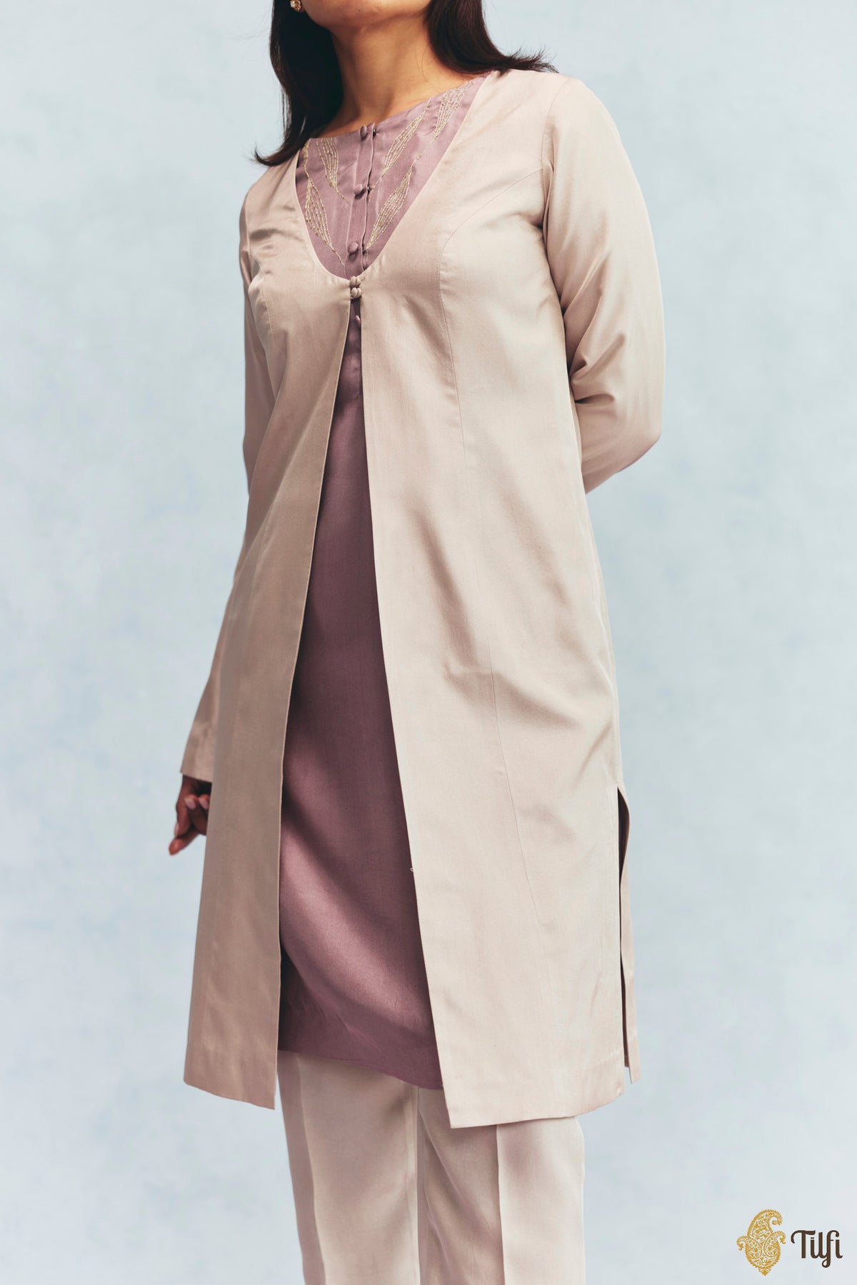 Beige Silk Twill Overlay with Mauve Hand Embroidered Kurta Set