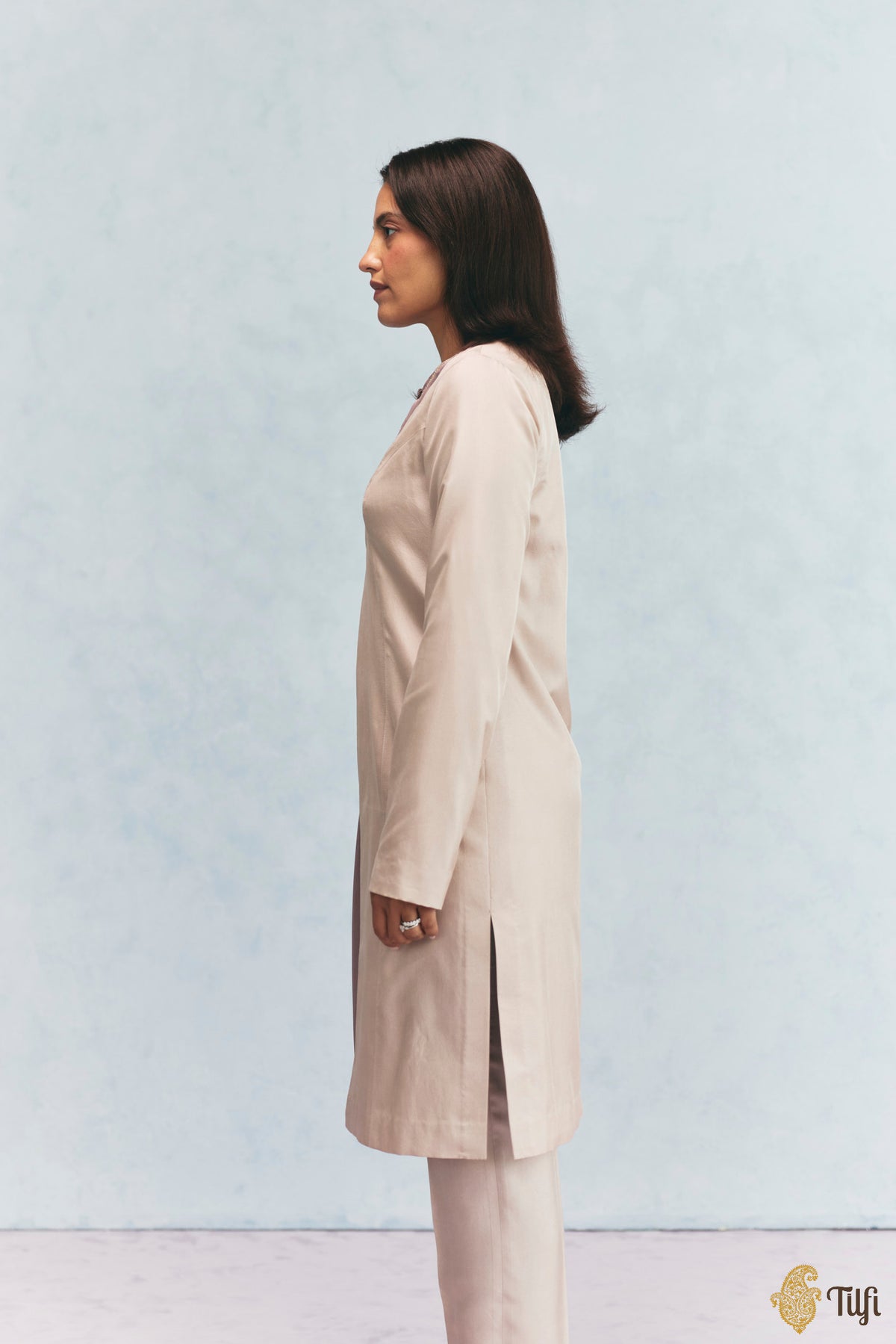 Beige Silk Twill Overlay with Mauve Hand Embroidered Kurta Set