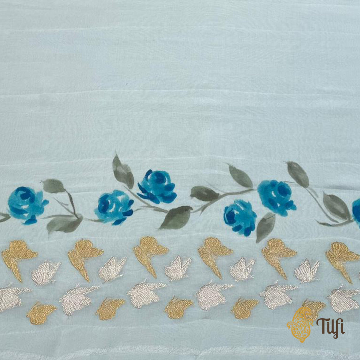 Pre-Order: 'Painted Lady' Baby Blue Pure Khaddi Georgette Hand Painted Banarasi Handloom Saree