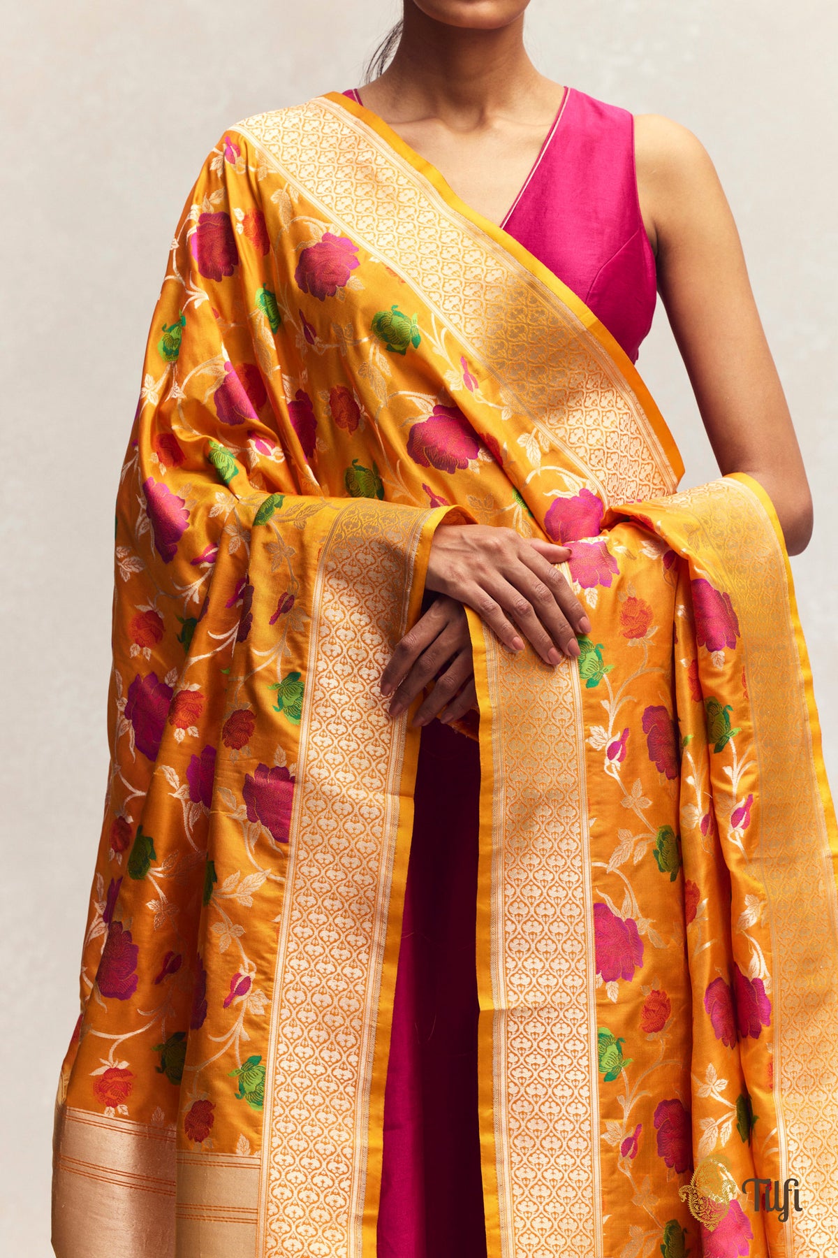 Orange-Yellow Pure Katan Silk Banarasi Handloom Dupatta