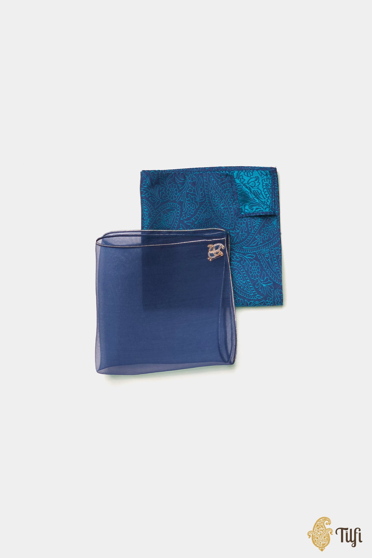 Blue Pure Katan Silk Handwoven Pocket Square Set