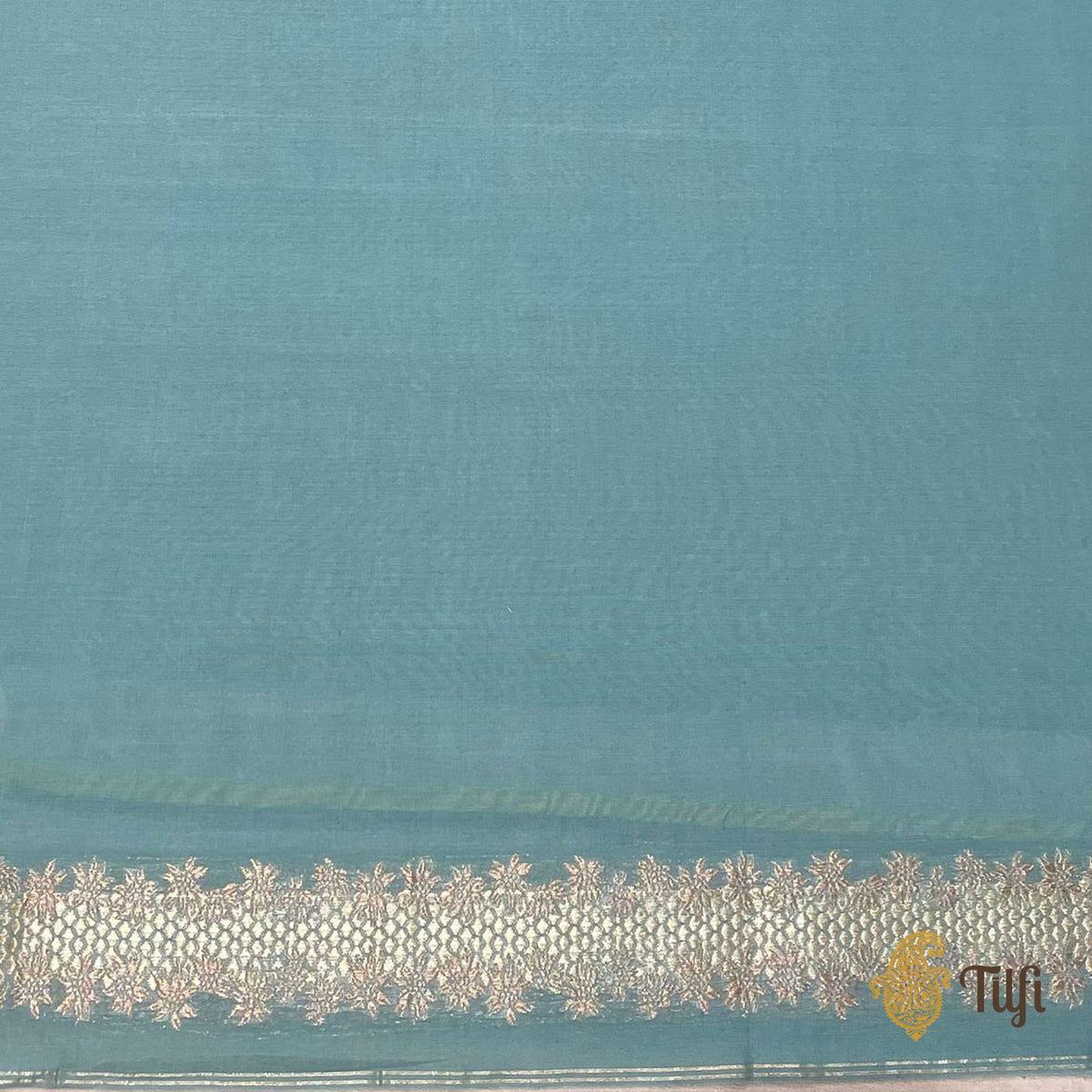 Pre-Order: 'Goldenrods & Bumblebees' Aqua Blue-Green Pure Kora by Cotton Banarasi Handloom Saree