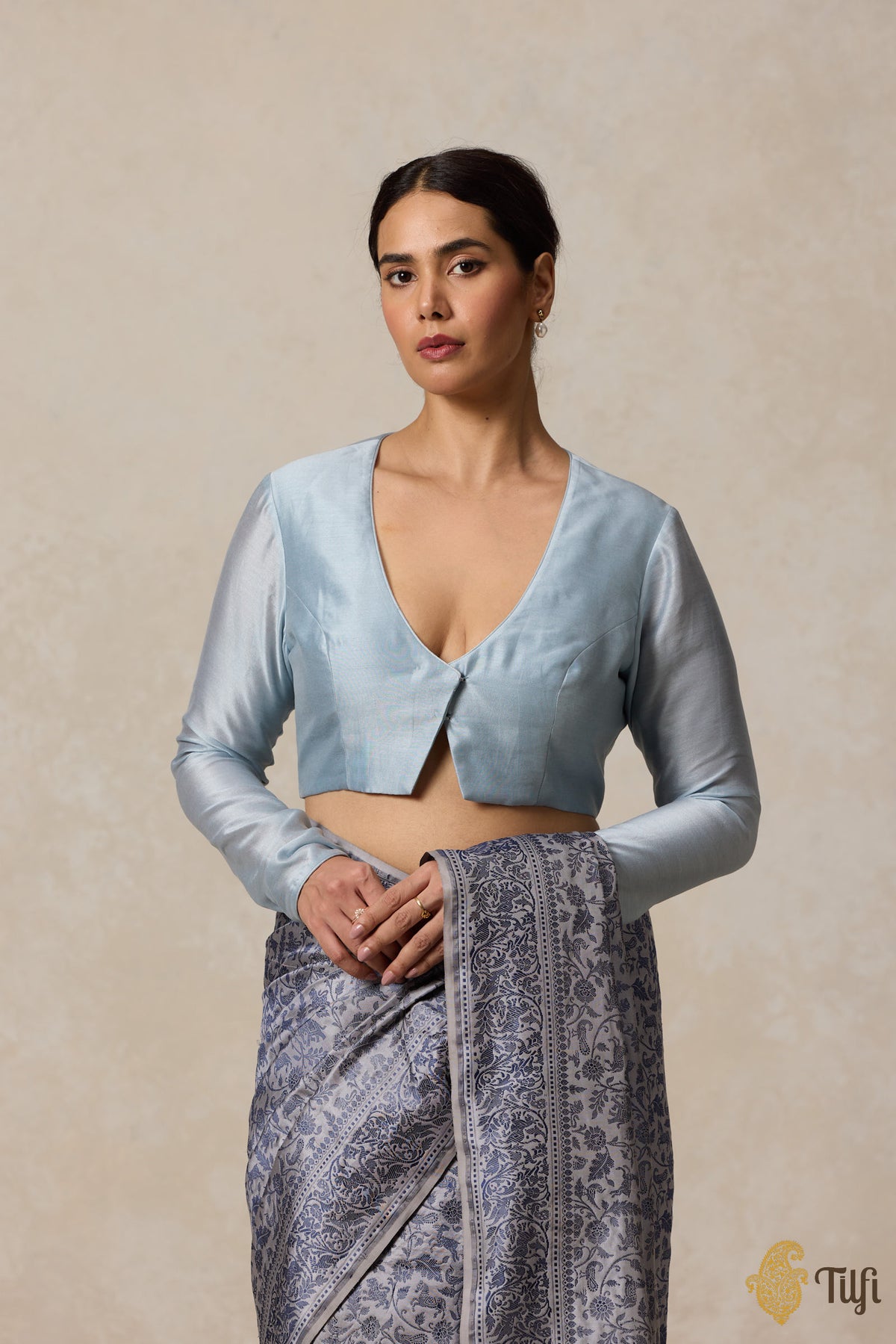 Powder Blue Silk Cotton Full-Sleeved Blouse