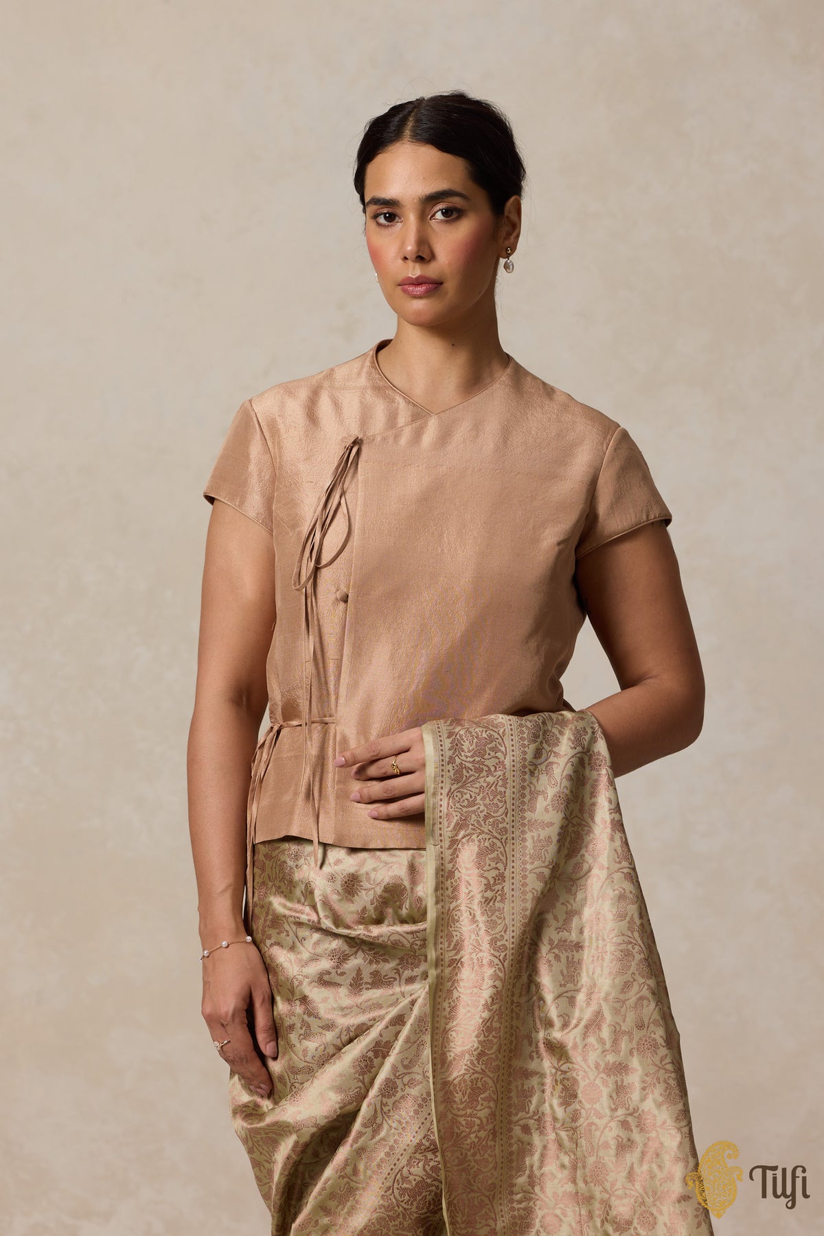 Beige Raw Silk Tie-up Long Blouse