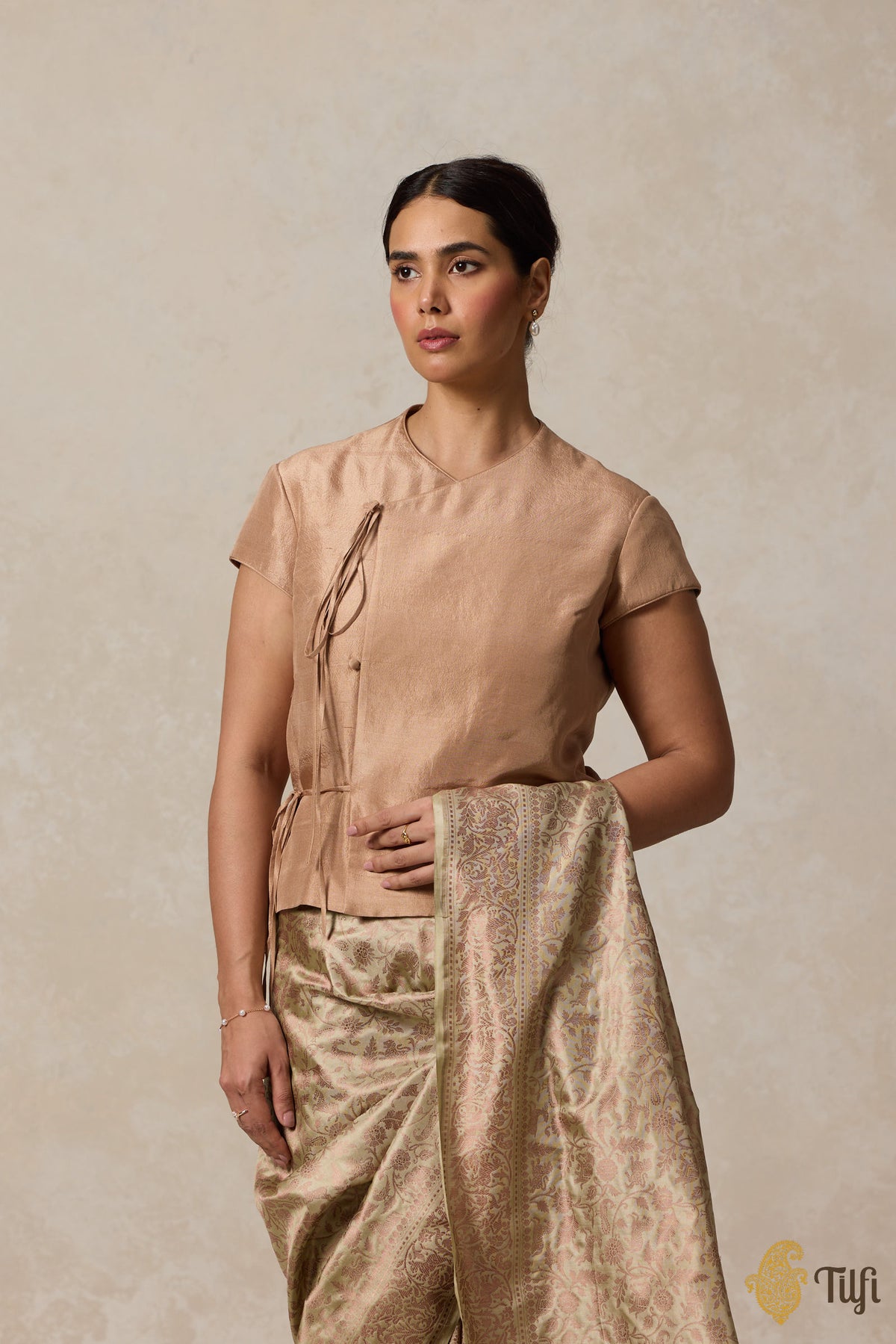 Beige Raw Silk Tie-up Long Blouse