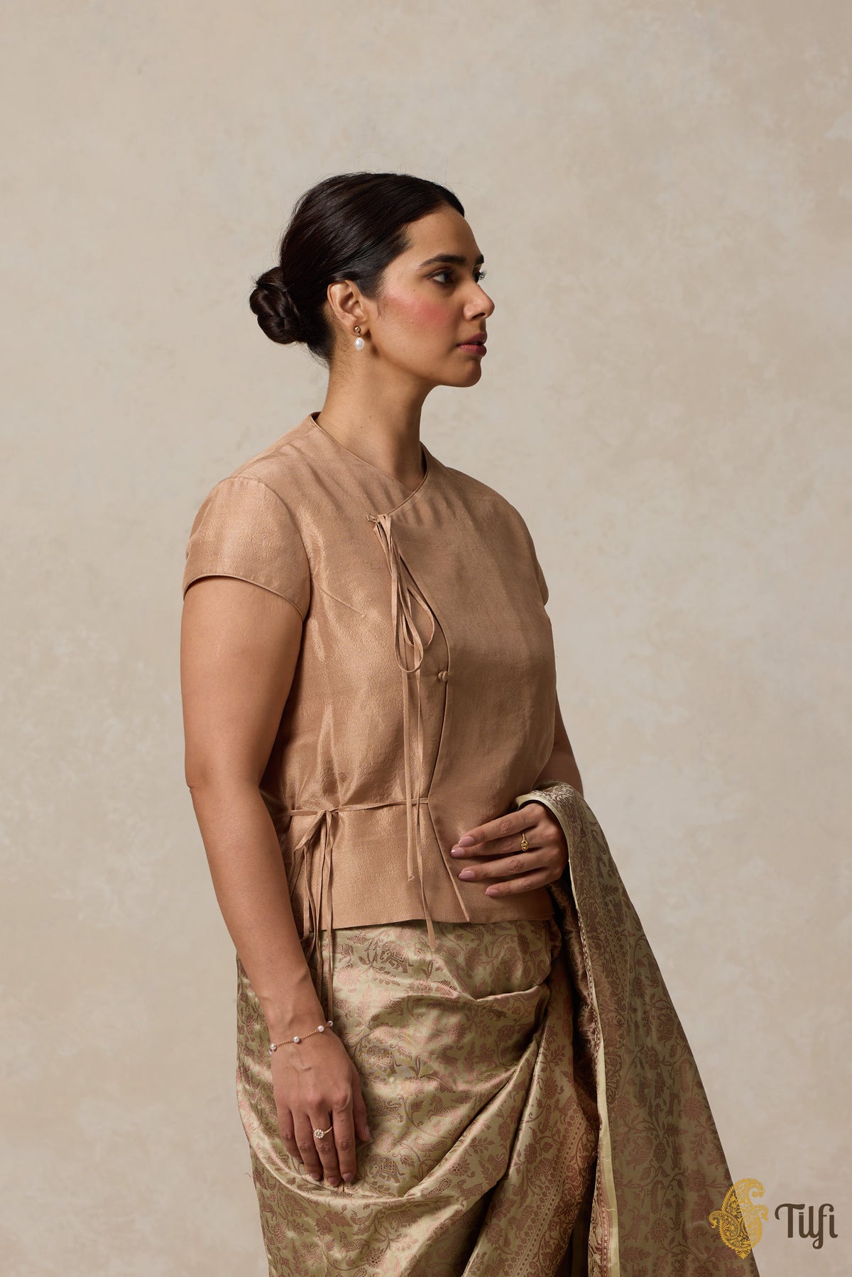 Beige Raw Silk Tie-up Long Blouse