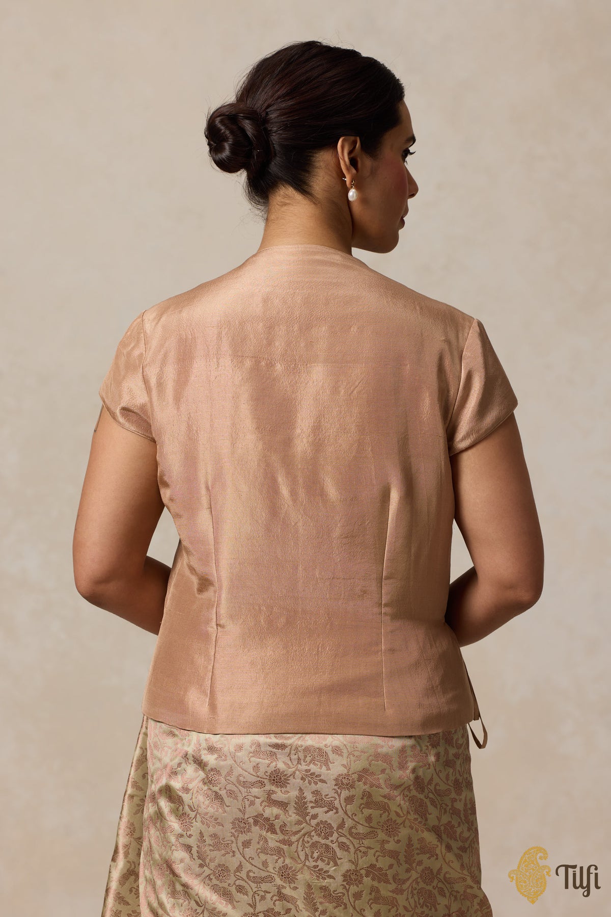 Beige Raw Silk Tie-up Long Blouse