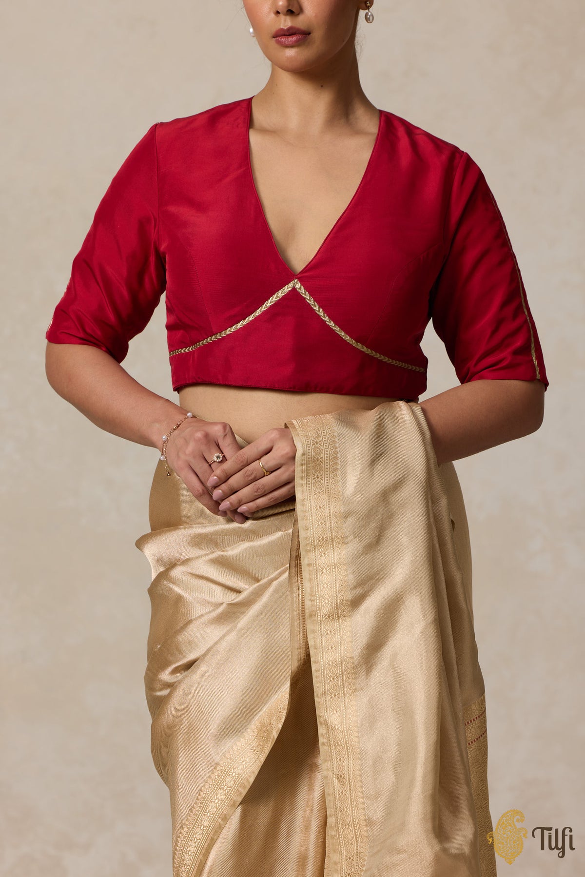 Red Pure Silk Gold-Laced Blouse