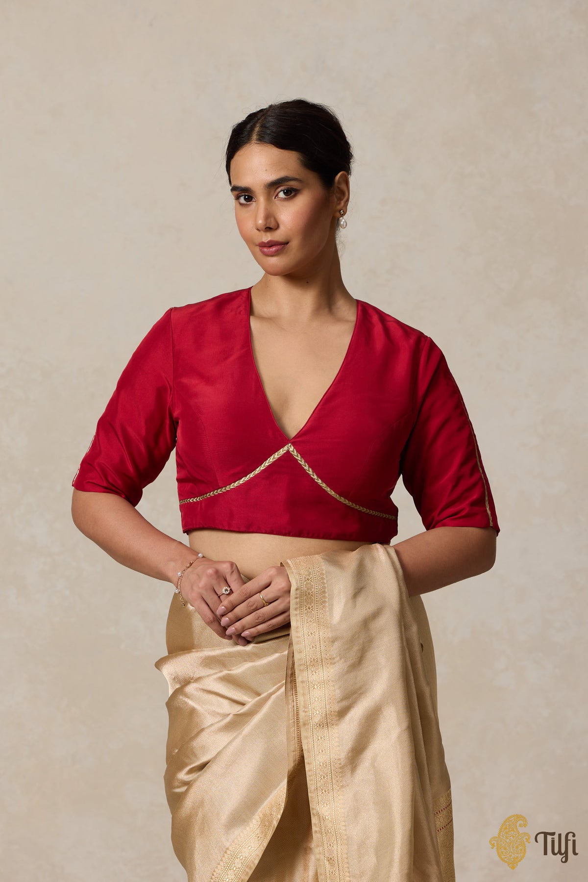 Red Pure Silk Gold-Laced Blouse