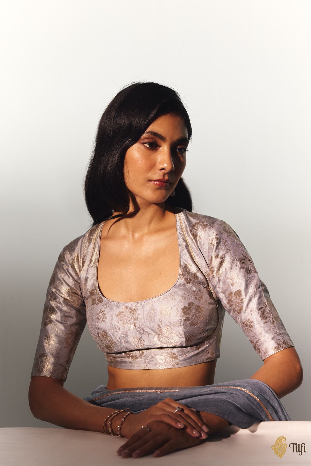 Light Grey Pure Katan Silk Banarasi Handwoven Brocade Blouse