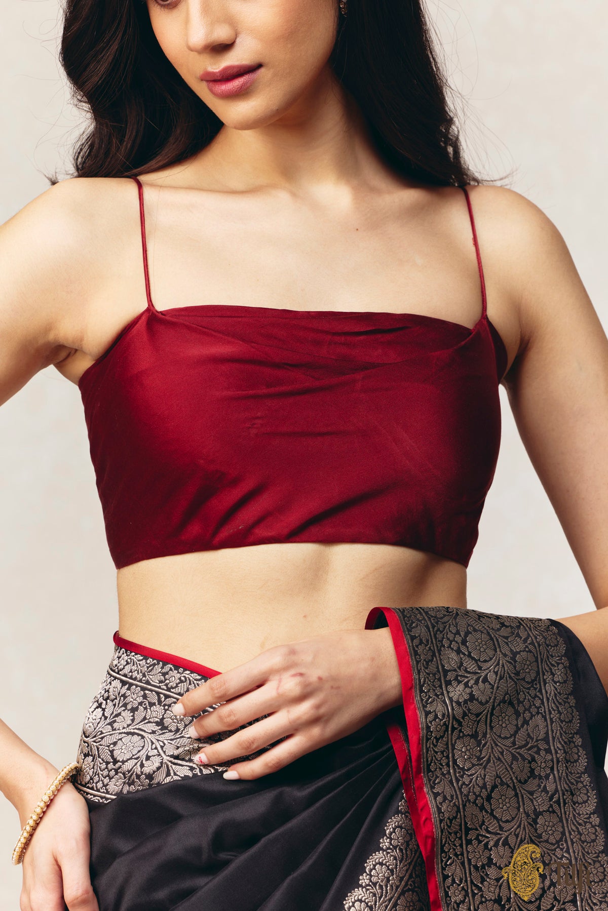 Maroon Strappy Pure Satin Silk Blouse