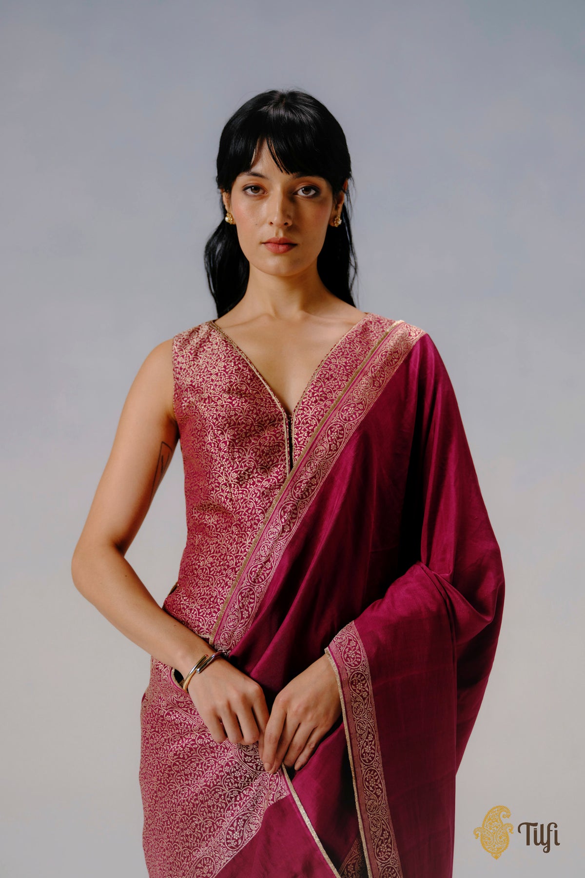 Magenta Pure Katan Silk Banarasi Handwoven Brocade Long Blouse