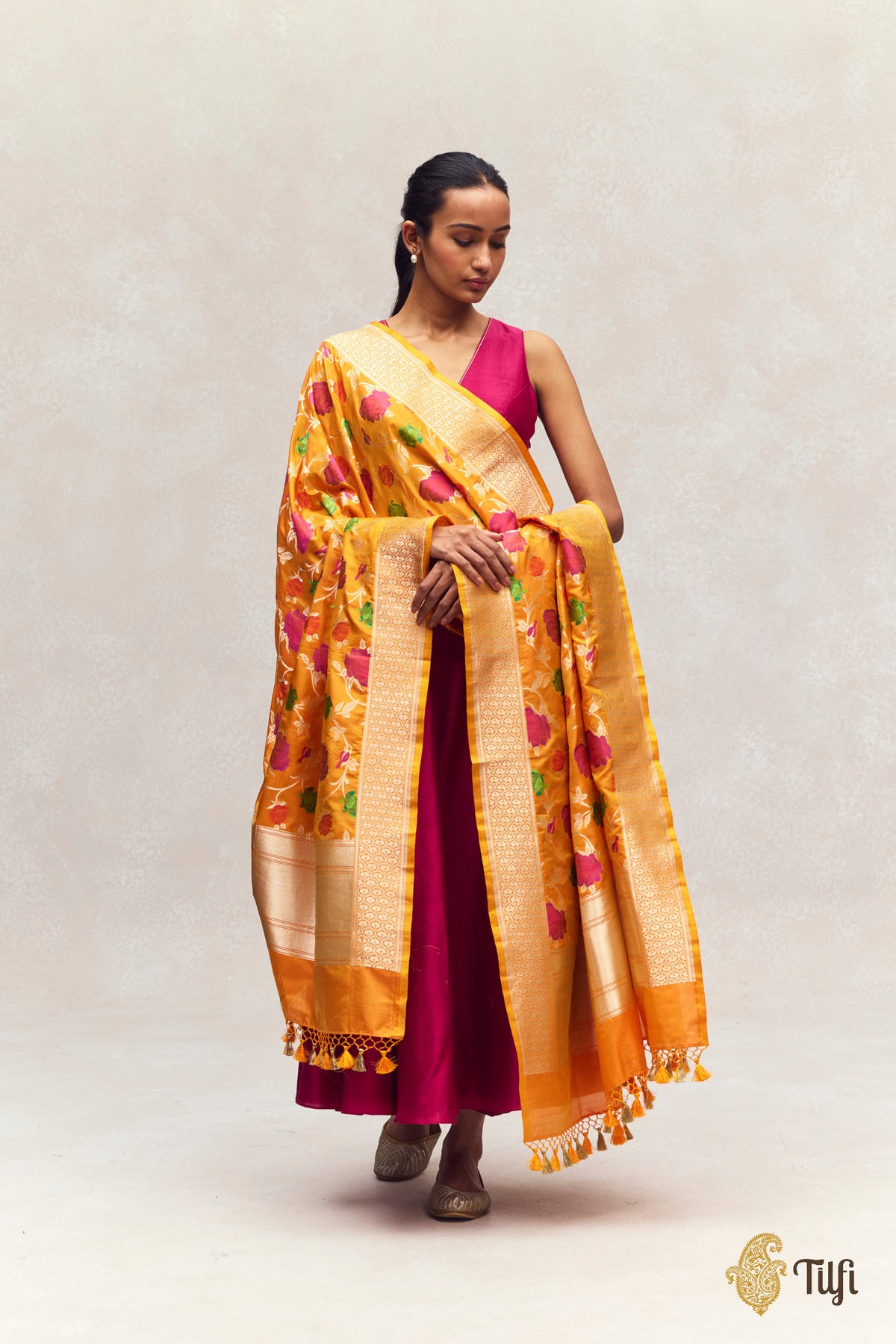 Orange-Yellow Pure Katan Silk Banarasi Handloom Dupatta