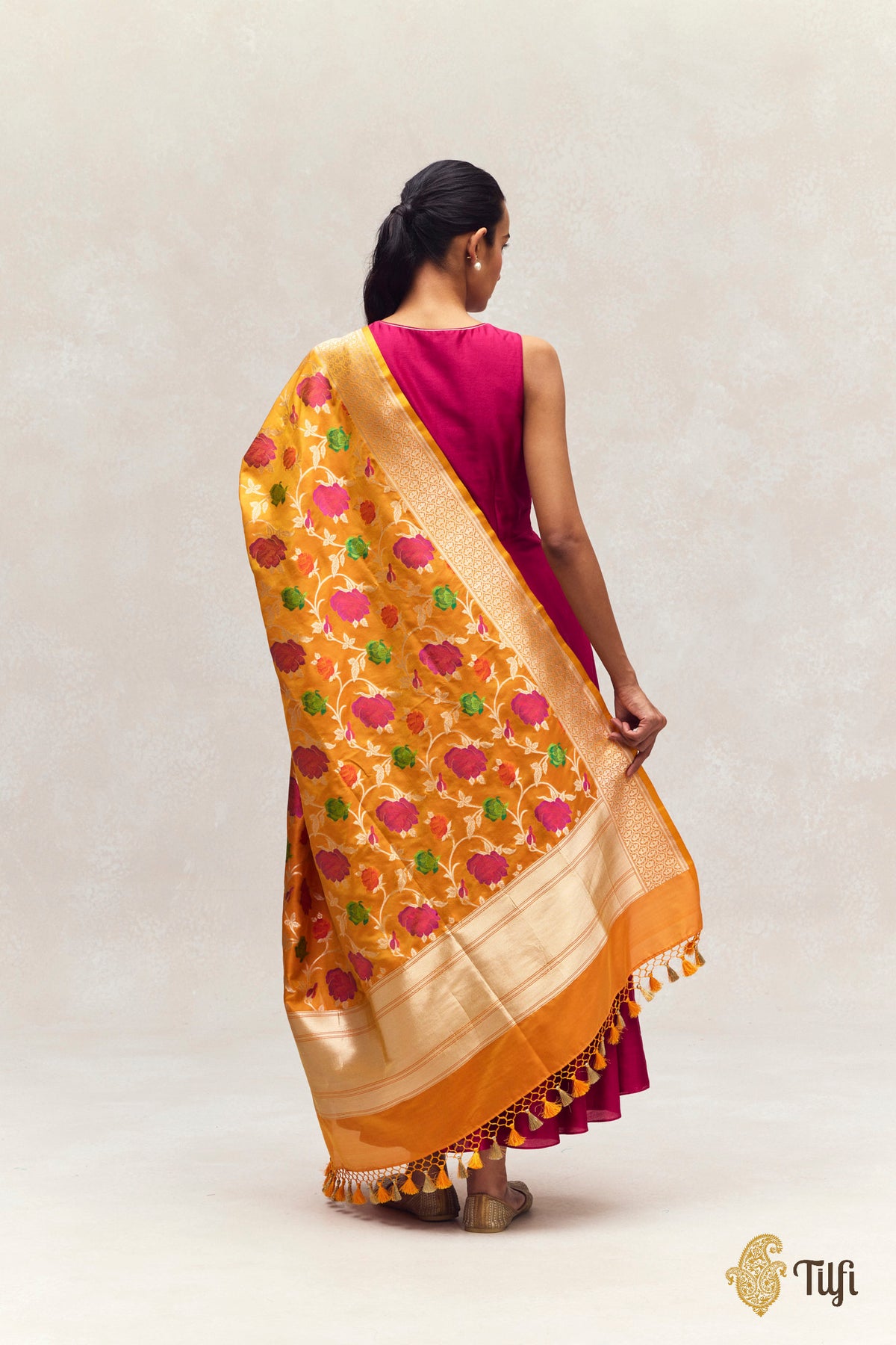 Orange-Yellow Pure Katan Silk Banarasi Handloom Dupatta