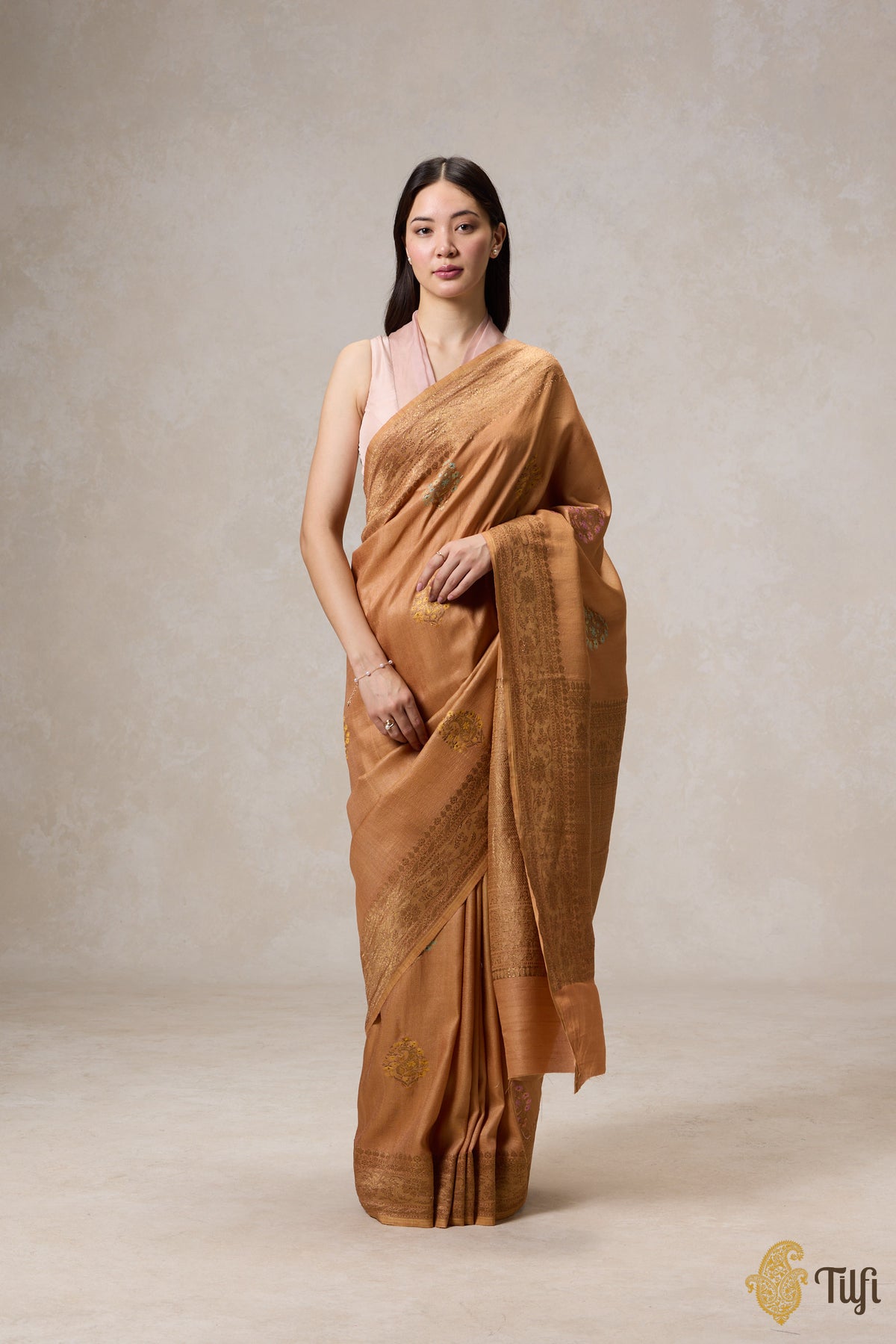 Brown Pure Tussar Georgette Silk Banarasi Handloom Saree