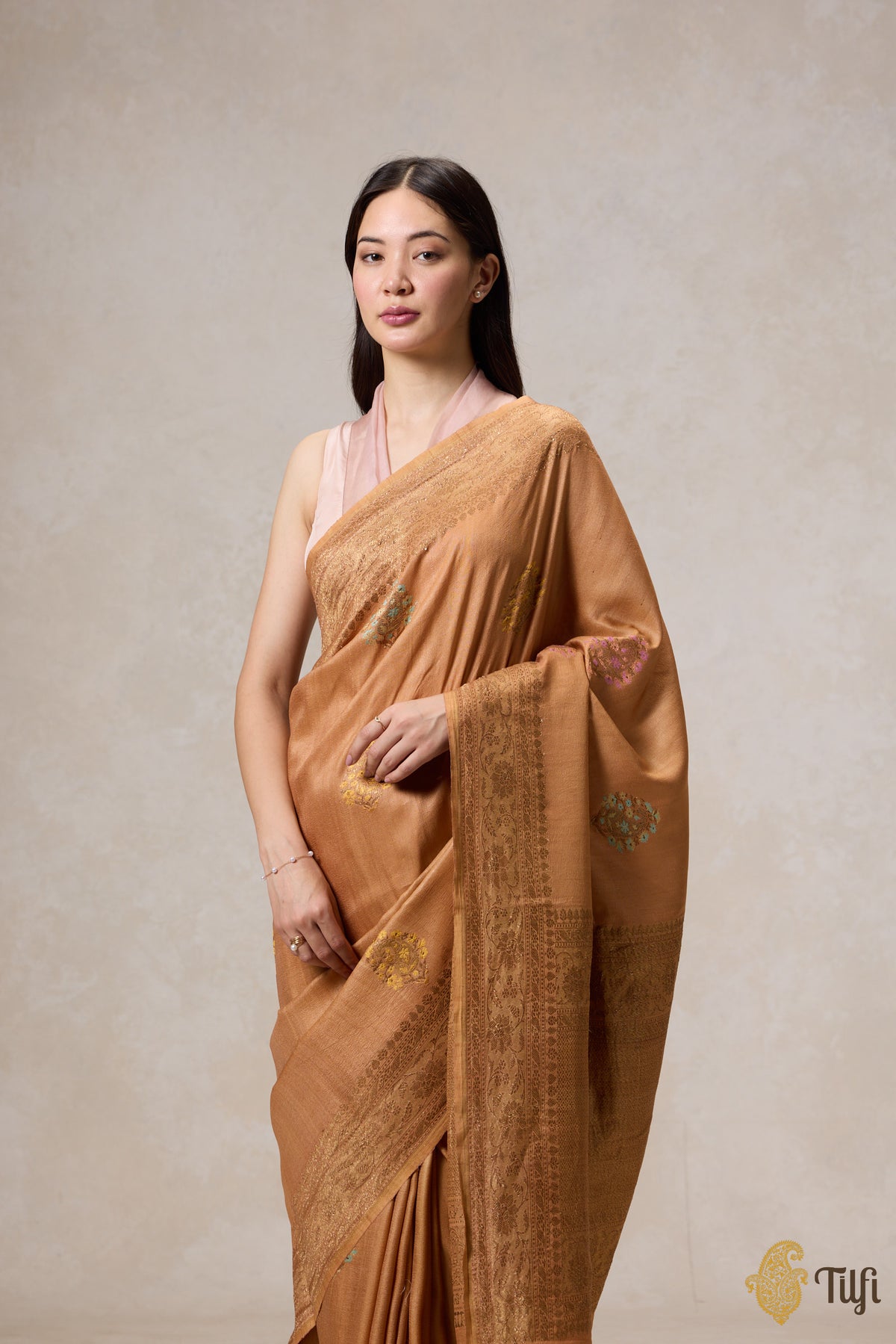 Brown Pure Tussar Georgette Silk Banarasi Handloom Saree