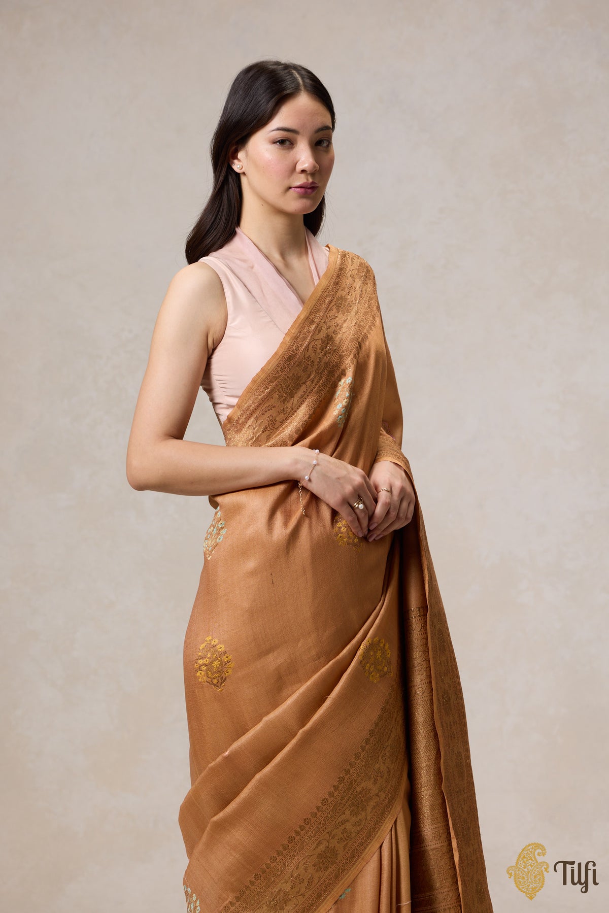 Brown Pure Tussar Georgette Silk Banarasi Handloom Saree