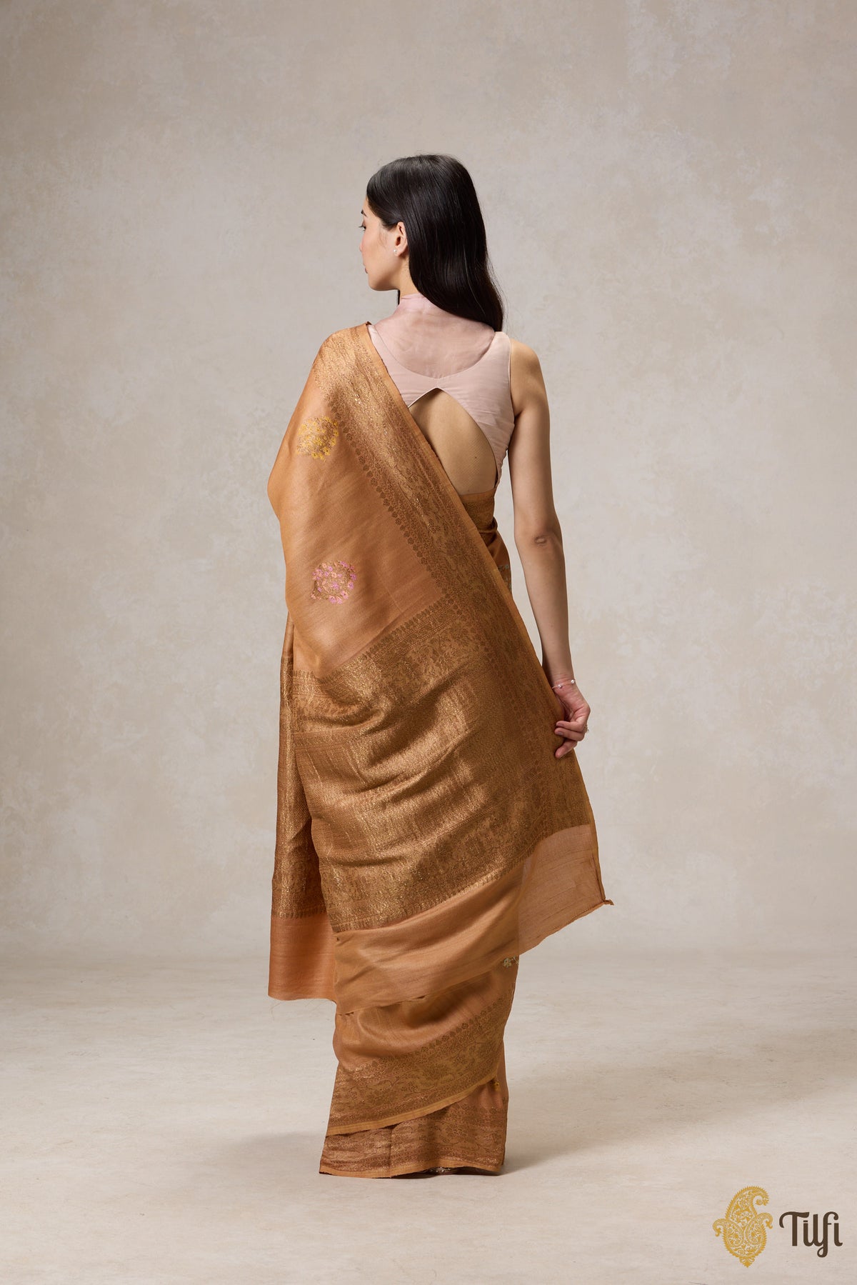 Brown Pure Tussar Georgette Silk Banarasi Handloom Saree