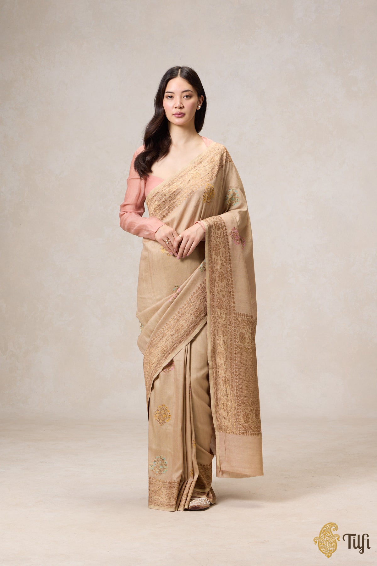 Beige Pure Tussar Georgette Silk Banarasi Handloom Saree