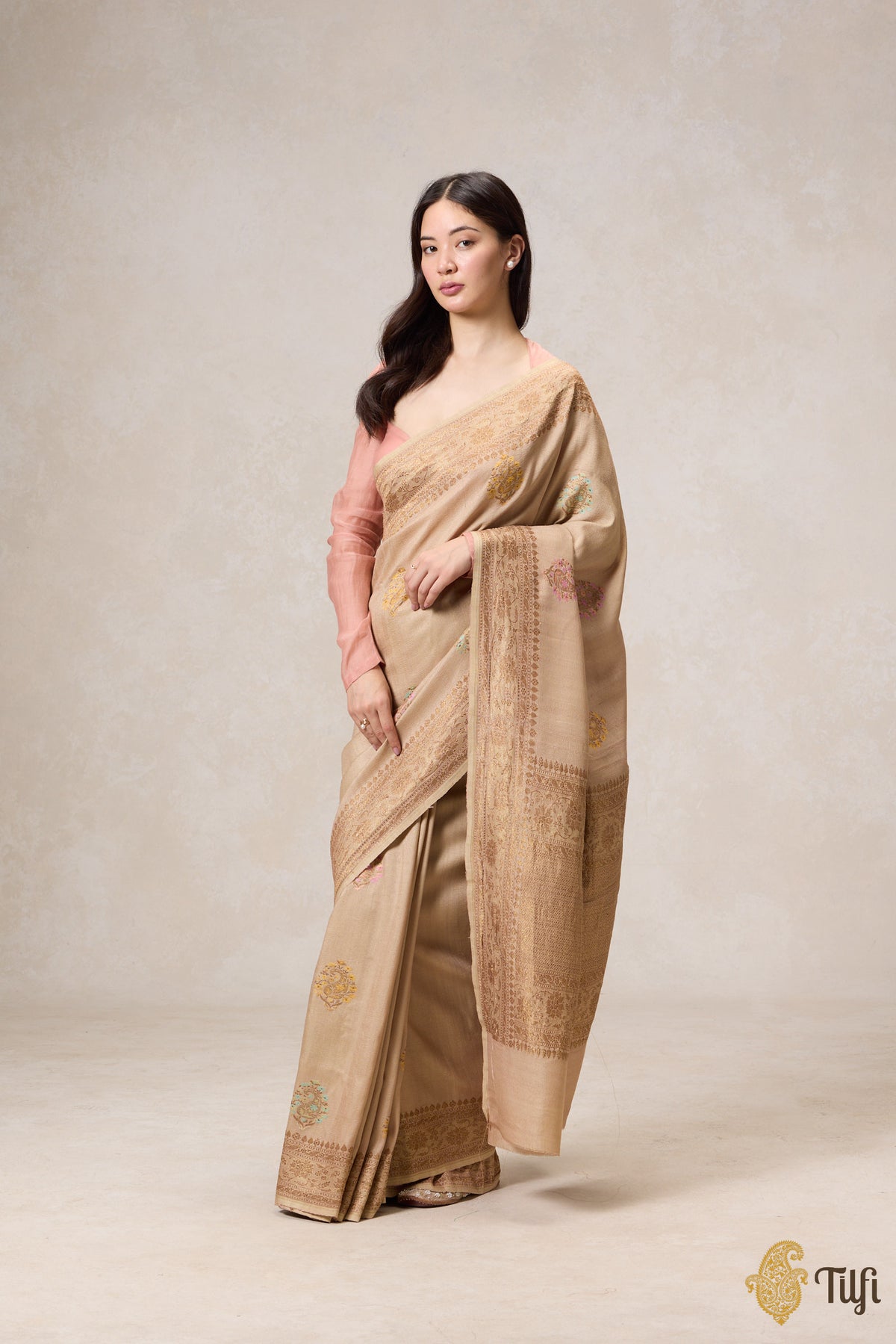 Beige Pure Tussar Georgette Silk Banarasi Handloom Saree