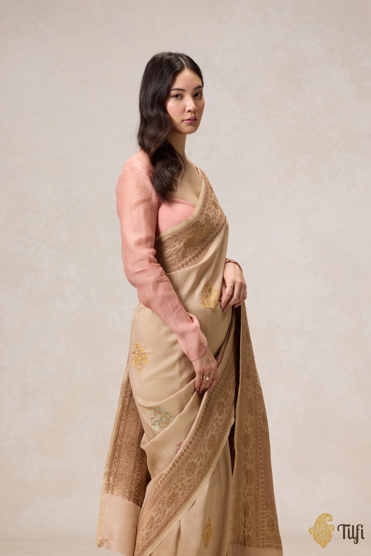 Beige Pure Tussar Georgette Silk Banarasi Handloom Saree