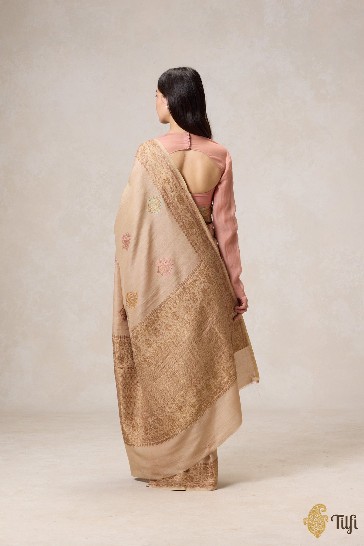 Beige Pure Tussar Georgette Silk Banarasi Handloom Saree