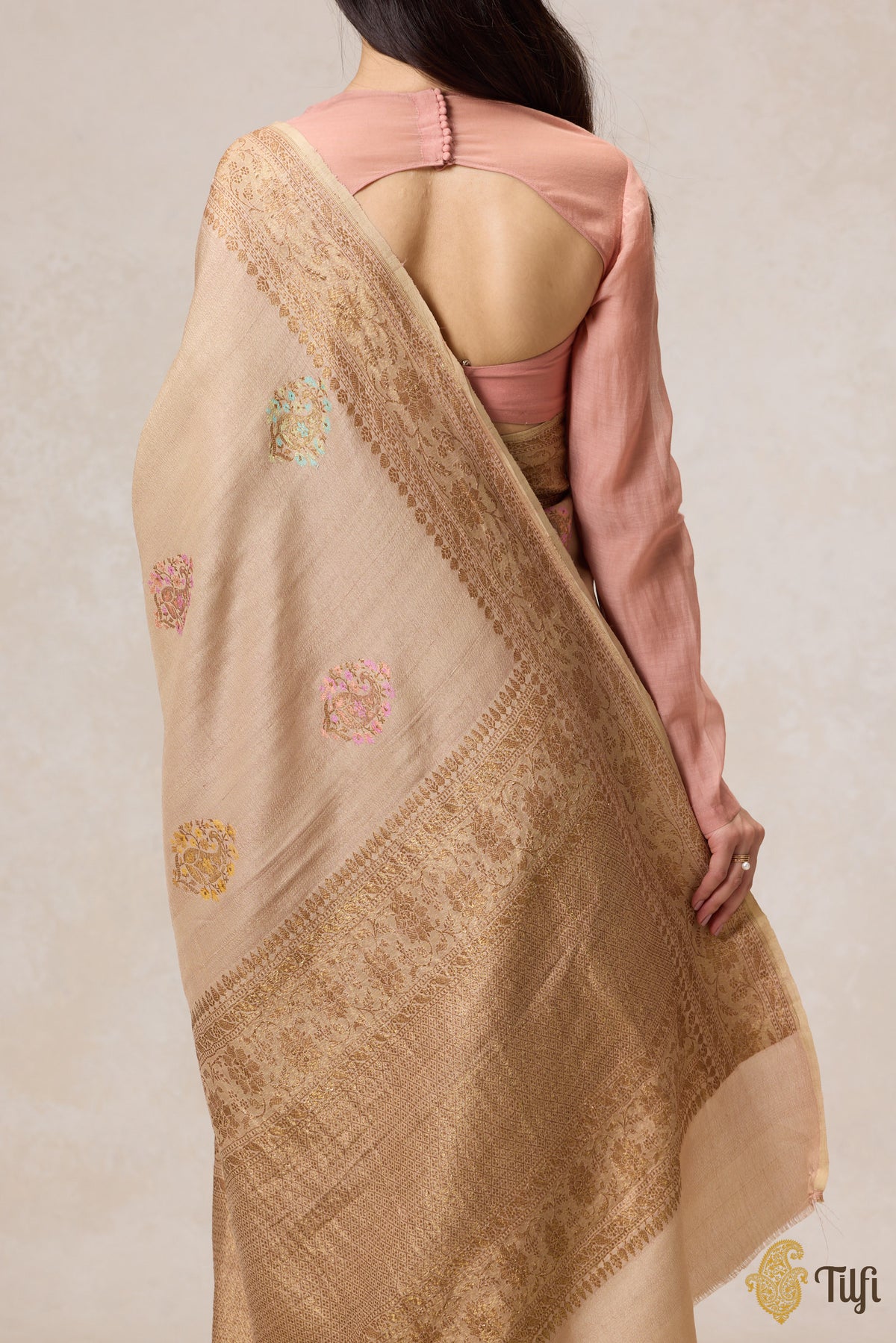 Beige Pure Tussar Georgette Silk Banarasi Handloom Saree