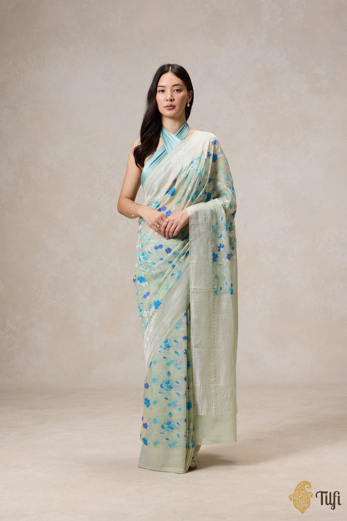 Pre-Order: Mint Green Pure Khaddi Georgette Banarasi Handloom Saree