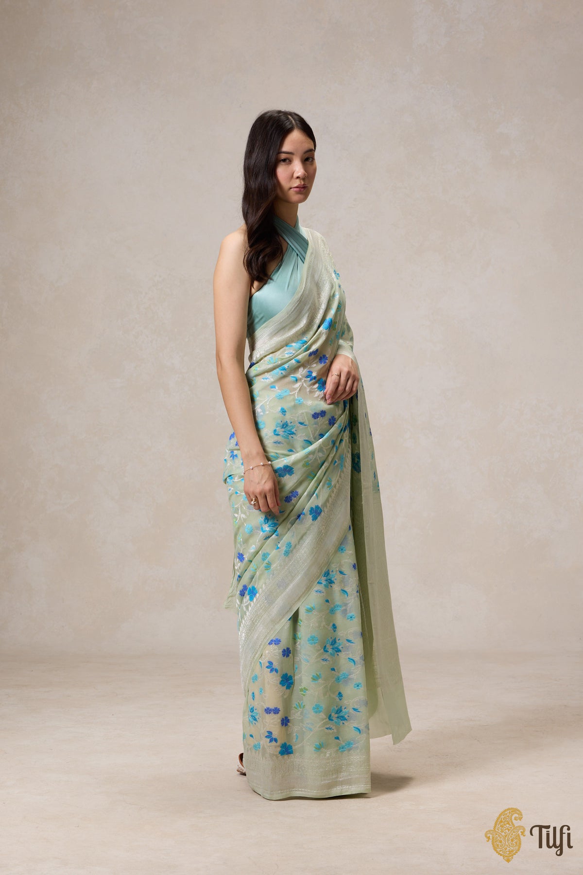 Pre-Order: Mint Green Pure Khaddi Georgette Banarasi Handloom Saree