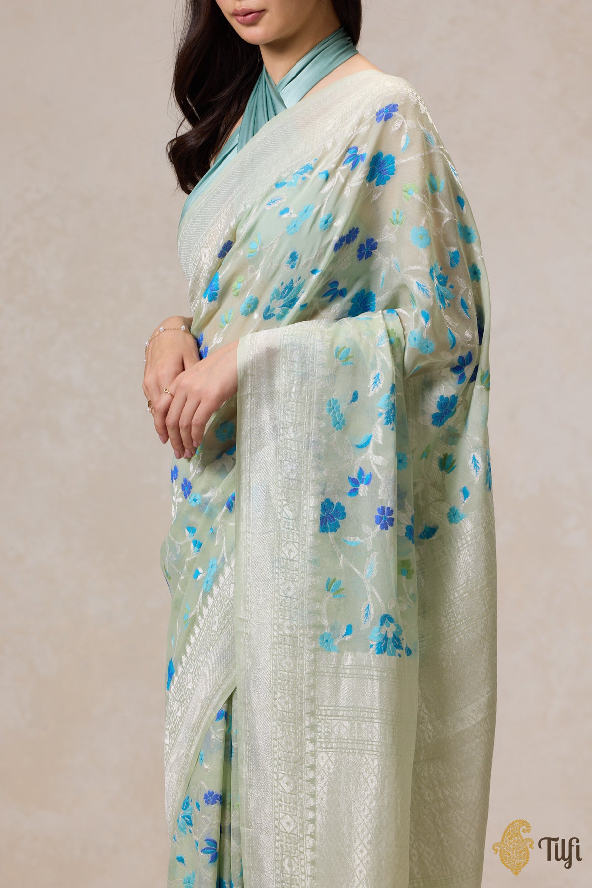 Pre-Order: Mint Green Pure Khaddi Georgette Banarasi Handloom Saree