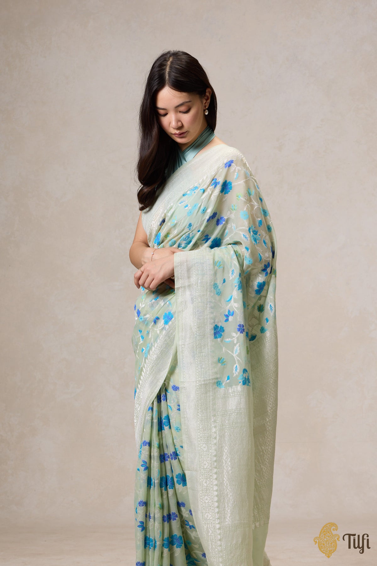 Pre-Order: Mint Green Pure Khaddi Georgette Banarasi Handloom Saree